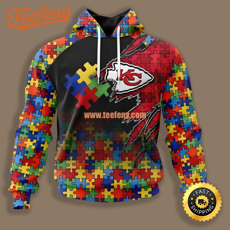 Kansas City Chiefs Autism Awareness Black Red Art 3D Hoodie