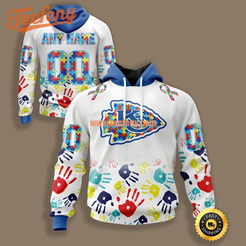 Kansas City Chiefs Autism Awareness Personalized White Pullover 3D Hoodie