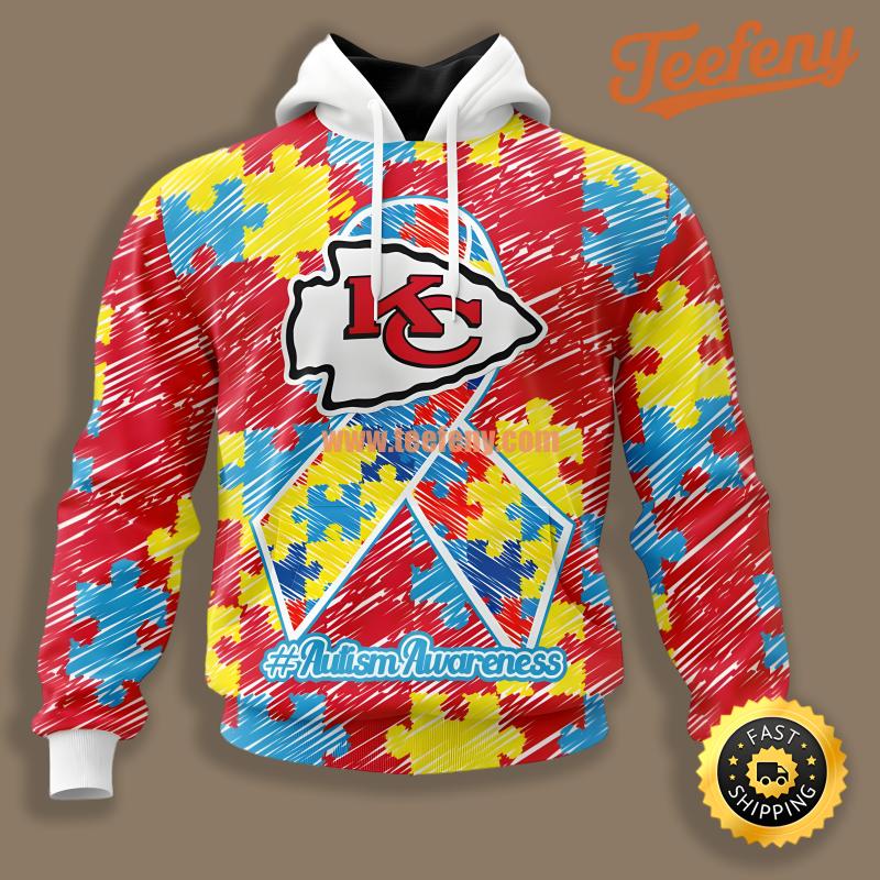 Kansas City Chiefs Autism Puzzle Ribbon Red Pullover 3D Hoodie