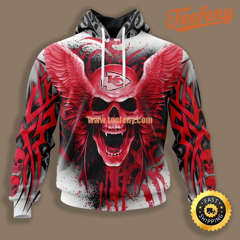 Kansas City Chiefs Bloody Skull Grey Red Unisex 3D Hoodie