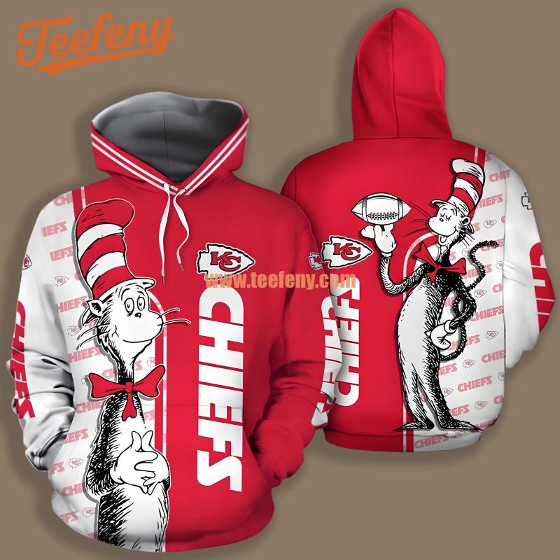 Kansas City Chiefs Cat In The Hat Red White Youth 3D Hoodie