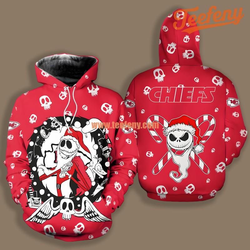 Kansas City Chiefs Christmas Santa Jack Skellington White Red Art 3D Hoodie