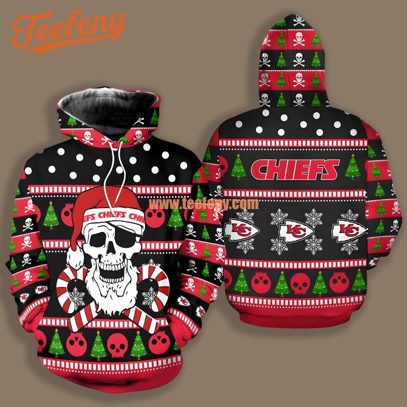 Kansas City Chiefs Christmas Santa Skull Candy Black Red Novelty 3D Hoodie