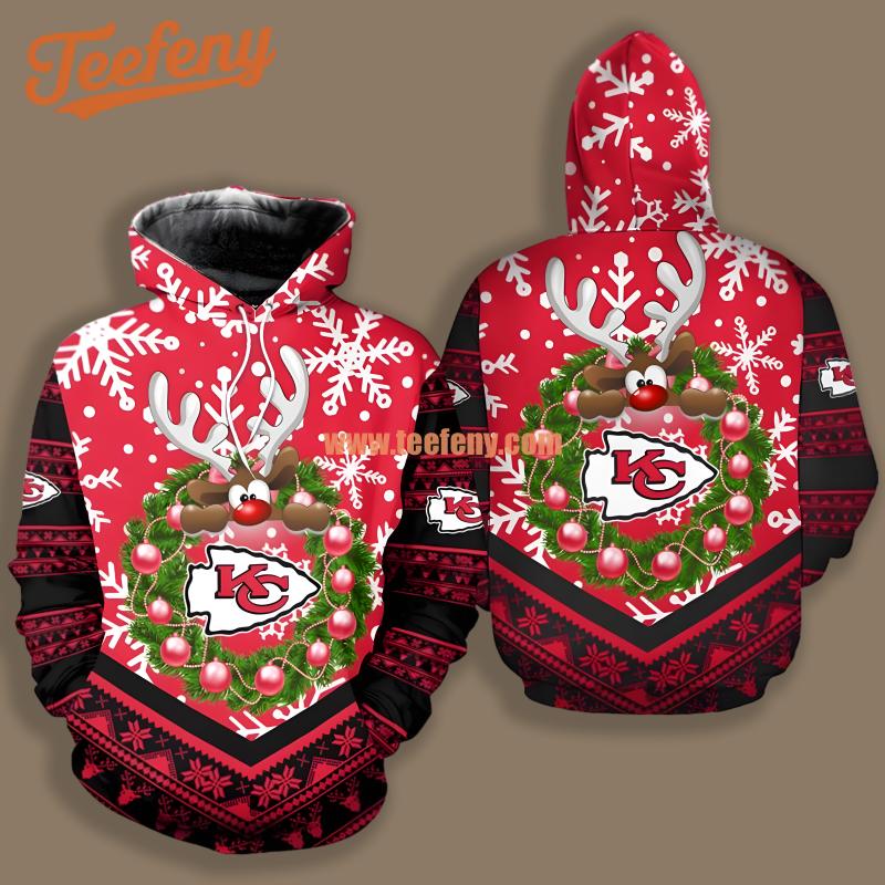 Kansas City Chiefs Christmas Wreath Reindeer Red Zip Up 3D Hoodie