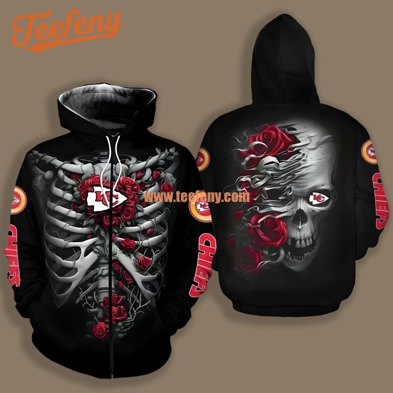 Kansas City Chiefs Flower Skull Black Printing 3D Hoodie