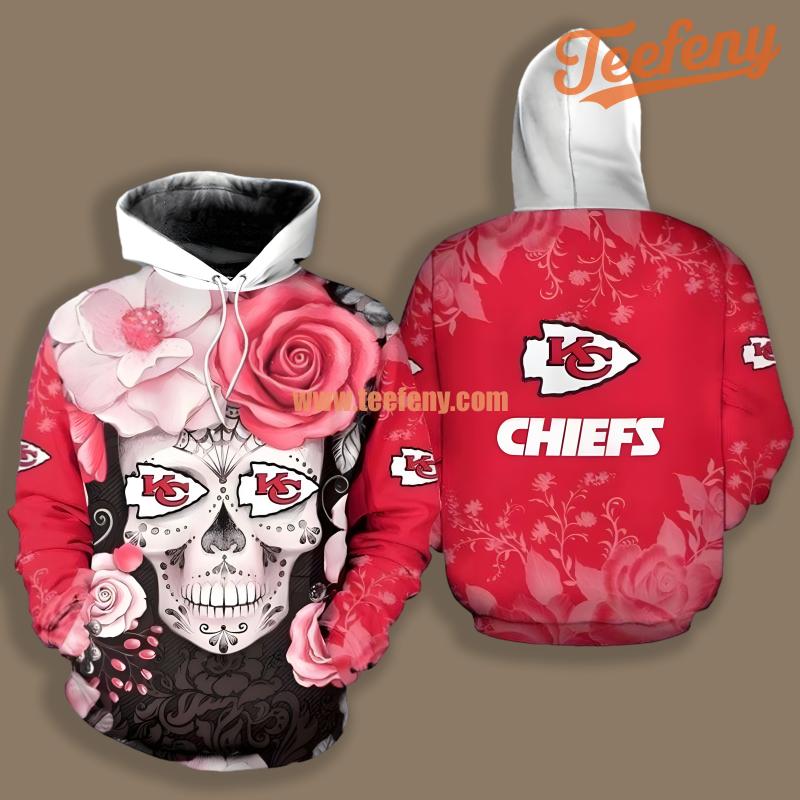 Kansas City Chiefs Flower Skull Red White Printed 3D Hoodie