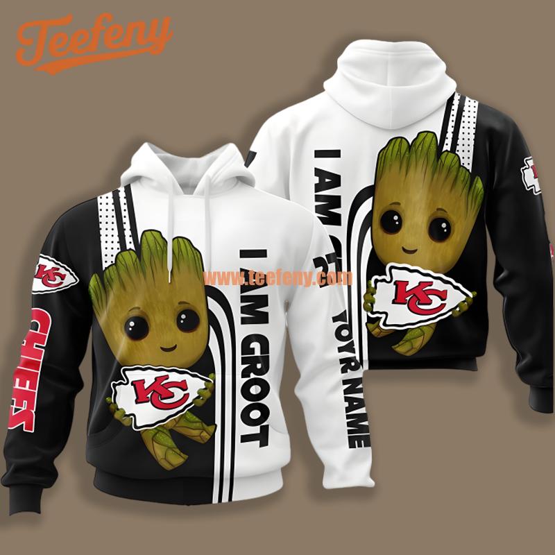 Kansas City Chiefs Groot White Black Zip Up 3D Hoodie