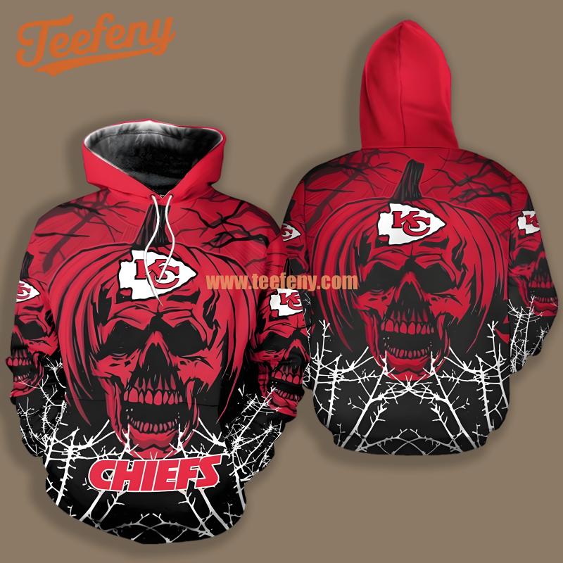 Kansas City Chiefs Halloween Pumpkin Skull Black Red Art 3D Hoodie