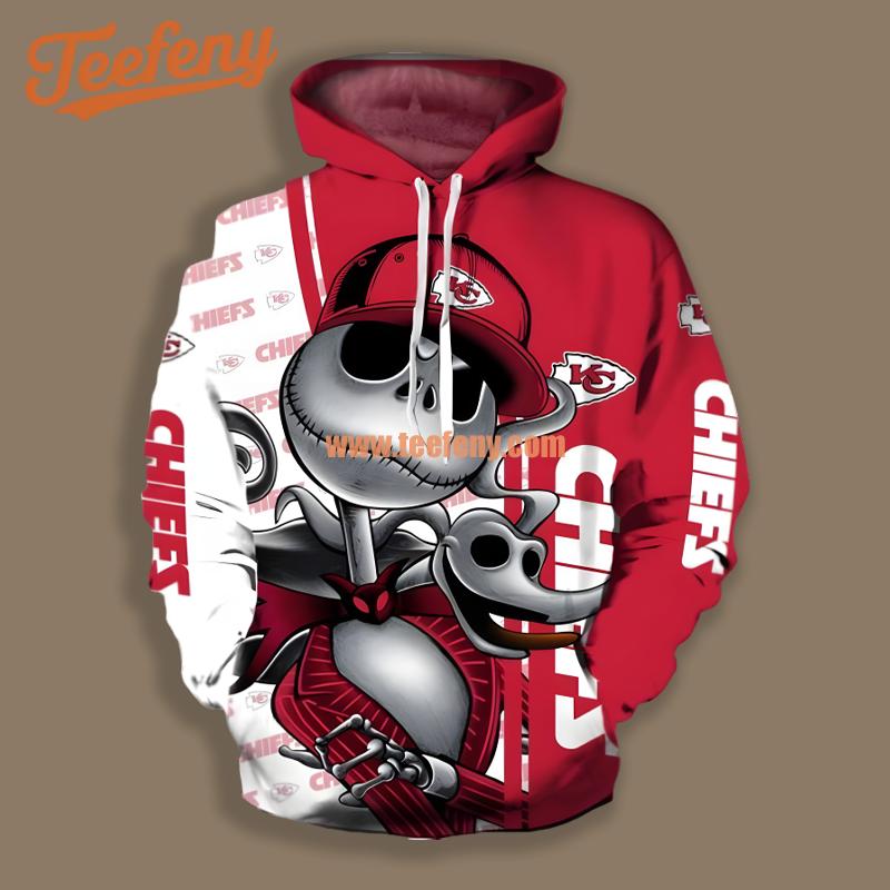 Kansas City Chiefs Jack Skellington Zero Halloween White Red Graphic 3D Hoodie