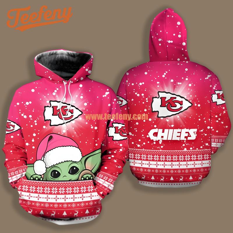 Kansas City Chiefs Santa Baby Yoda Christmas White Red Novelty 3D Hoodie