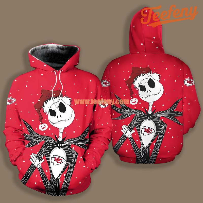 Kansas City Chiefs Santa Jack Skellington Christmas Red Zip Up 3D Hoodie