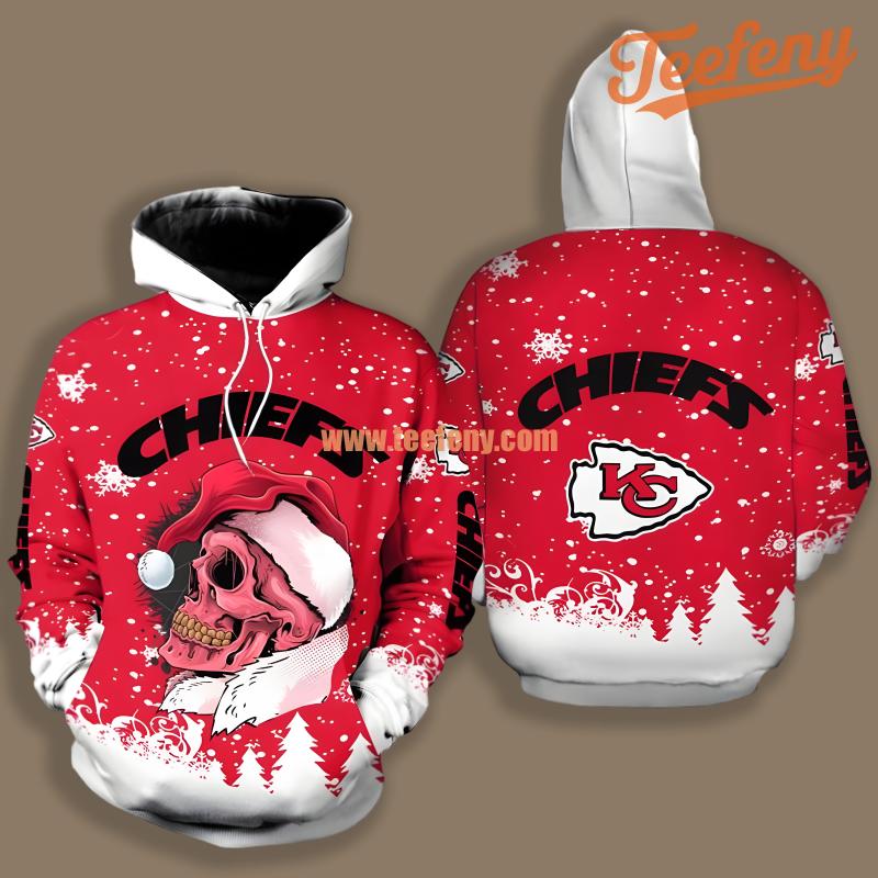 Kansas City Chiefs Santa Skull Christmas White Red Cool 3D Hoodie