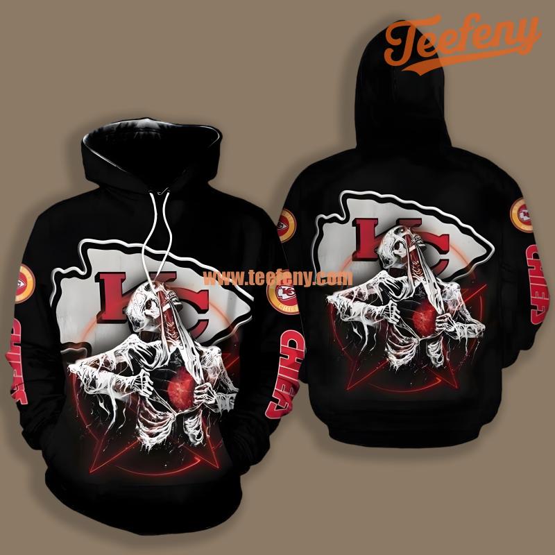 Kansas City Chiefs Skeleton Of Death Black Puff Print 3D Hoodie