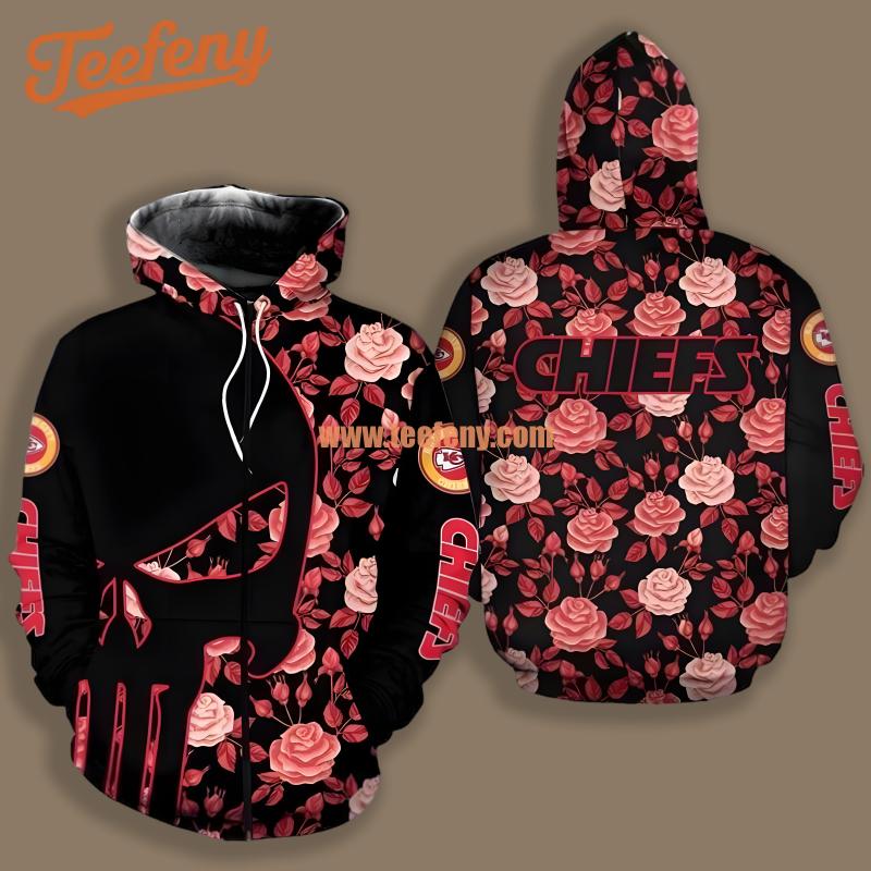 Kansas City Chiefs Skull Among Flowers Black Red Horror 3D Hoodie
