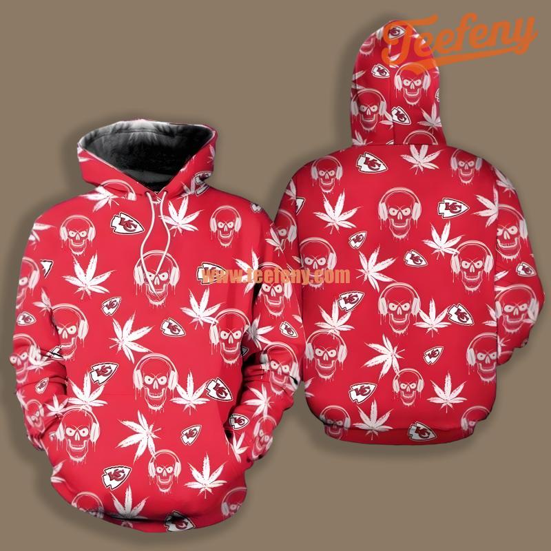 Kansas City Chiefs Skull And Weed White Red Zipper 3D Hoodie