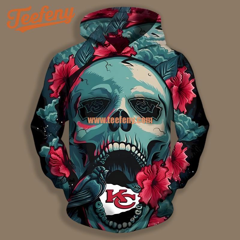 Kansas City Chiefs Skull Flower Red Black Pullover 3D Hoodie