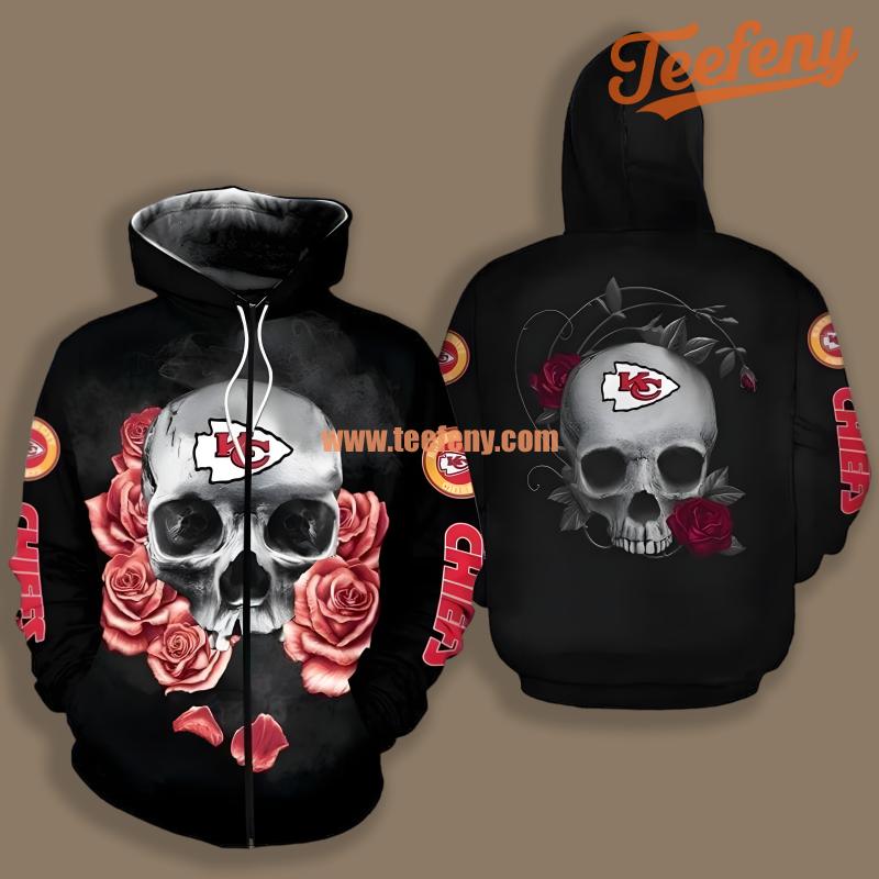 Kansas City Chiefs Skull Flowers Halloween Black Zip Up 3D Hoodie