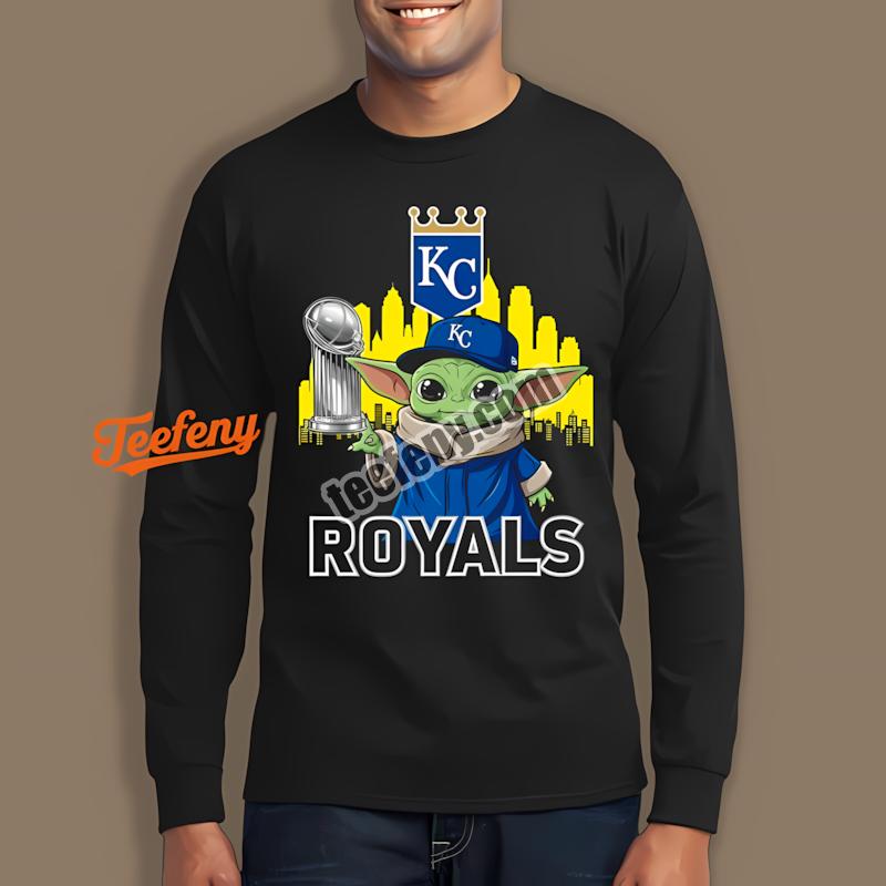 Kansas City Royals Baby Yoda Holding World Series Trophy Dri Fit Long Sleeve Kansas City Royals Baby Yoda Holding World Series Trophy Dri Fit Long Sleeve
