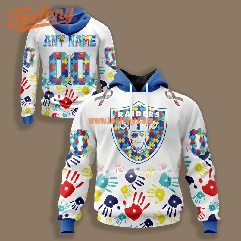 Las Vegas Raiders Autism Awareness Personalized White 3D Hoodie