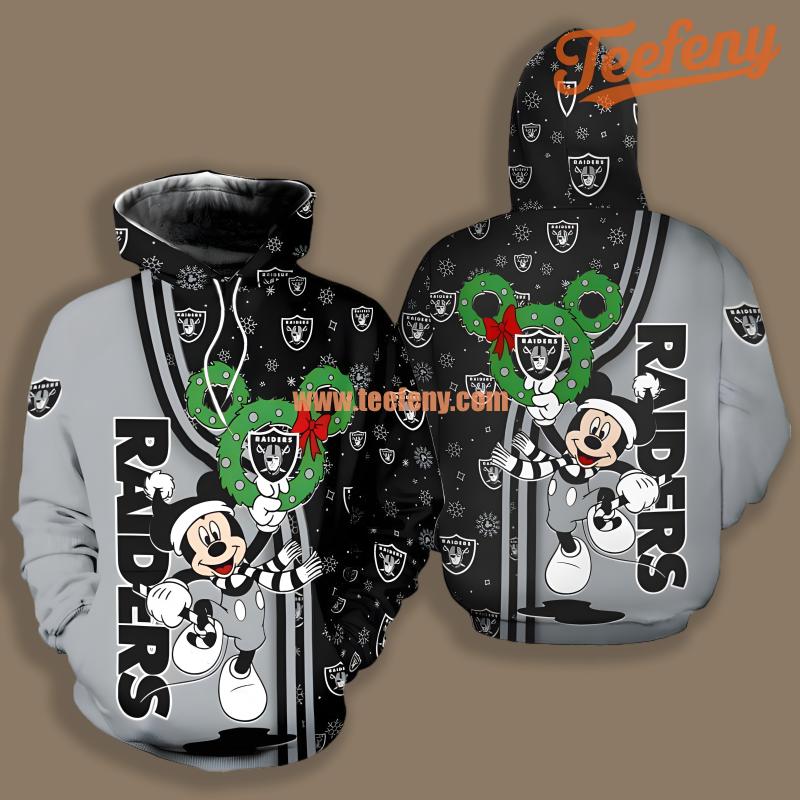 Las Vegas Raiders Mickey Mouse Christmas Grey Black Zip Up 3D Hoodie