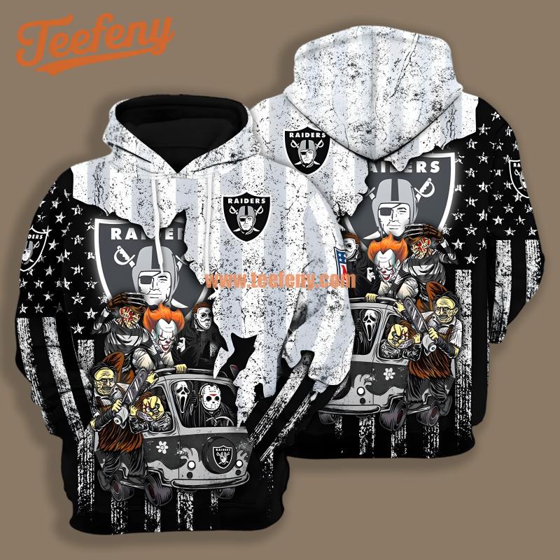 Las Vegas Raiders Pennywise Myers Freddy Krueger Black 3D Hoodie