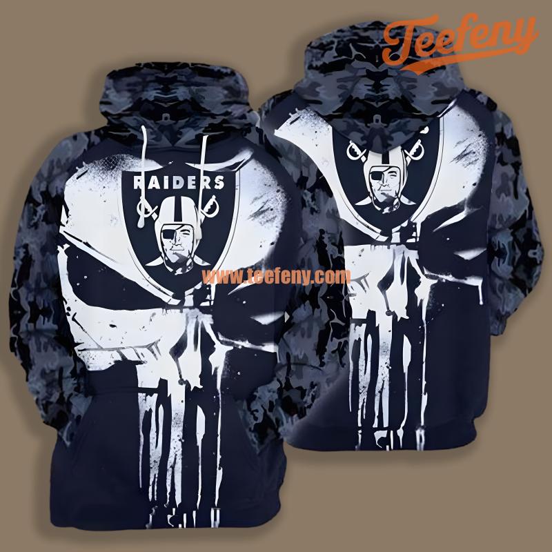 Las Vegas Raiders Punisher Skull Camo Grey Boys 3D Hoodie