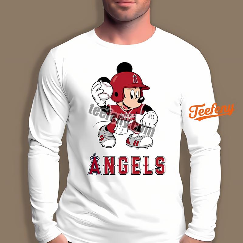 Los Angeles Angels Mickey With Baseball Bat Cartoon Long Sleeve Los Angeles Angels Mickey With Baseball Bat Cartoon Long Sleeve
