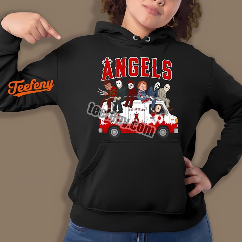 Los Angeles Angels Vs Horror Characters On Halloween Bus Hoodie Los Angeles Angels Vs Horror Characters On Halloween Bus Hoodie
