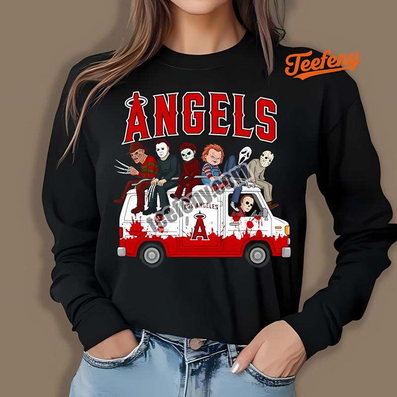 Los Angeles Angels Vs Horror Characters On Halloween Bus Long Sleeve Los Angeles Angels Vs Horror Characters On Halloween Bus Long Sleeve