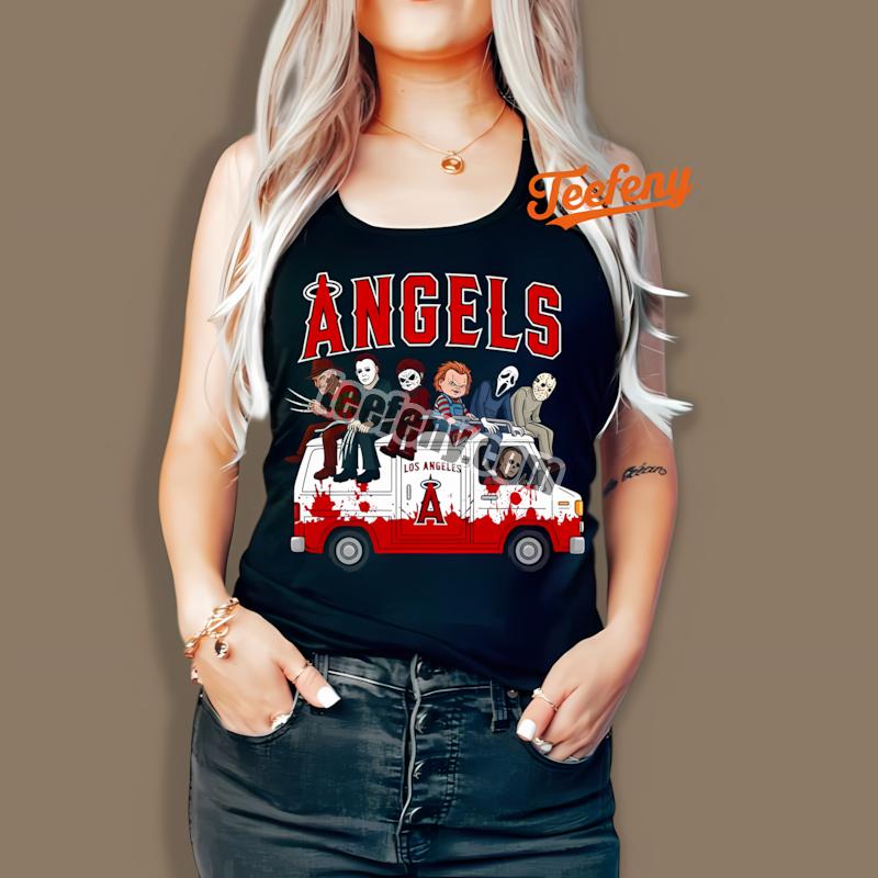 Los Angeles Angels Vs Horror Characters On Halloween Bus Tanktop Los Angeles Angels Vs Horror Characters On Halloween Bus Tanktop