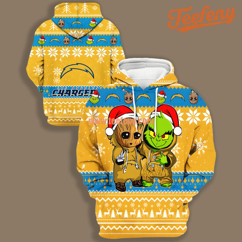 Los Angeles Chargers Baby Groot Grinch Yellow Blue Puff Print 3D Hoodie