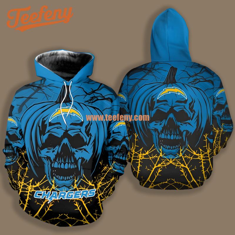 Los Angeles Chargers Halloween Pumpkin Skull Blue Illusion 3D Hoodie