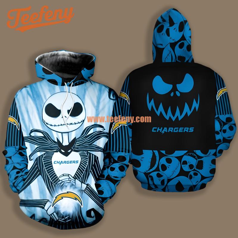 Los Angeles Chargers Jack Skellington Black Blue Realistic 3D Hoodie