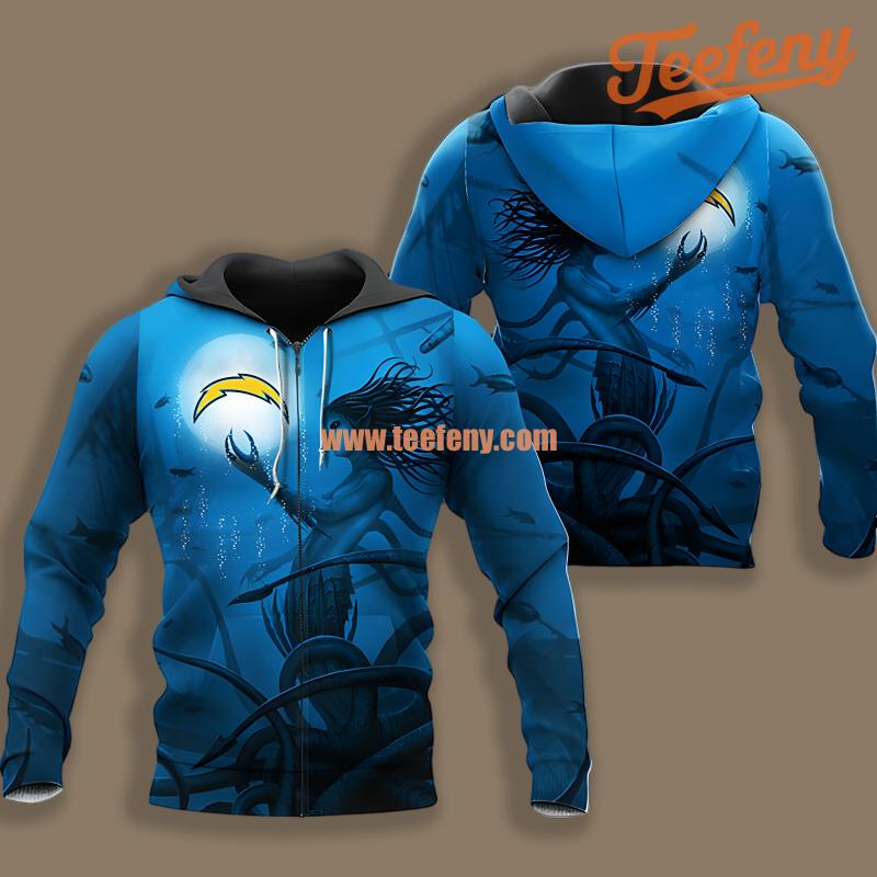 Los Angeles Chargers Mermaid Tentacles Blue Printed 3D Hoodie