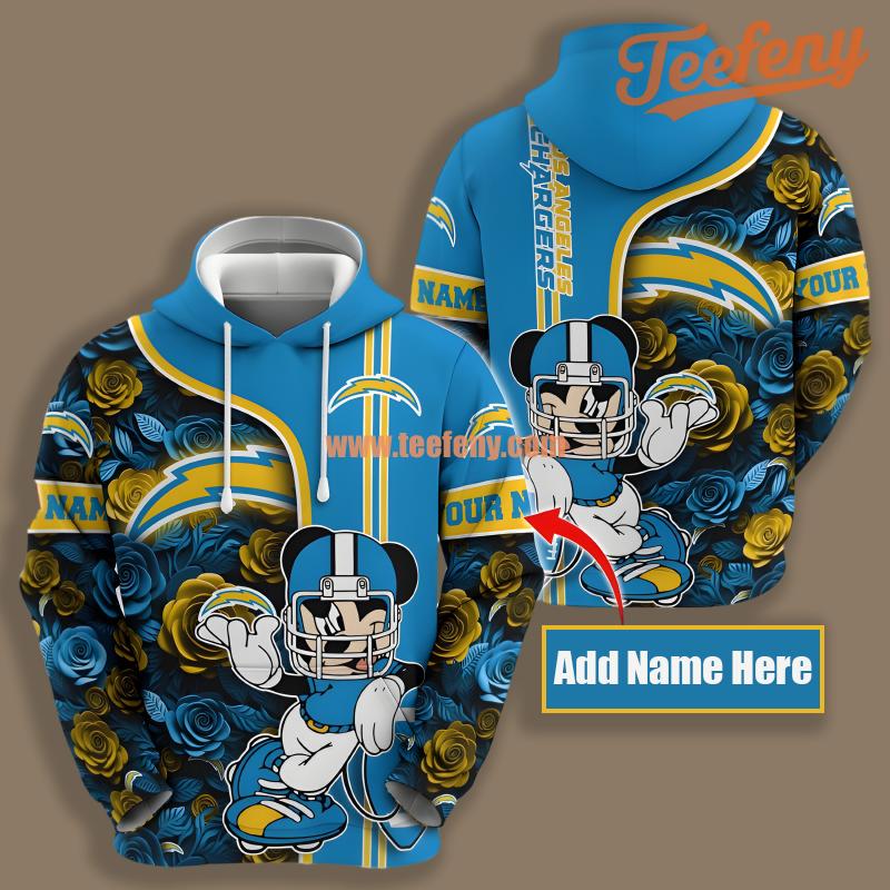 Los Angeles Chargers Mickey Mouse Flower Blue 3D Hoodie
