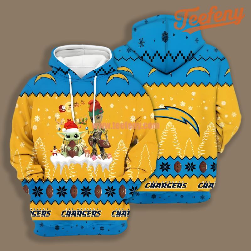Los Angeles Chargers Santa Baby Yoda Groot Blue Yellow Printed 3D Hoodie