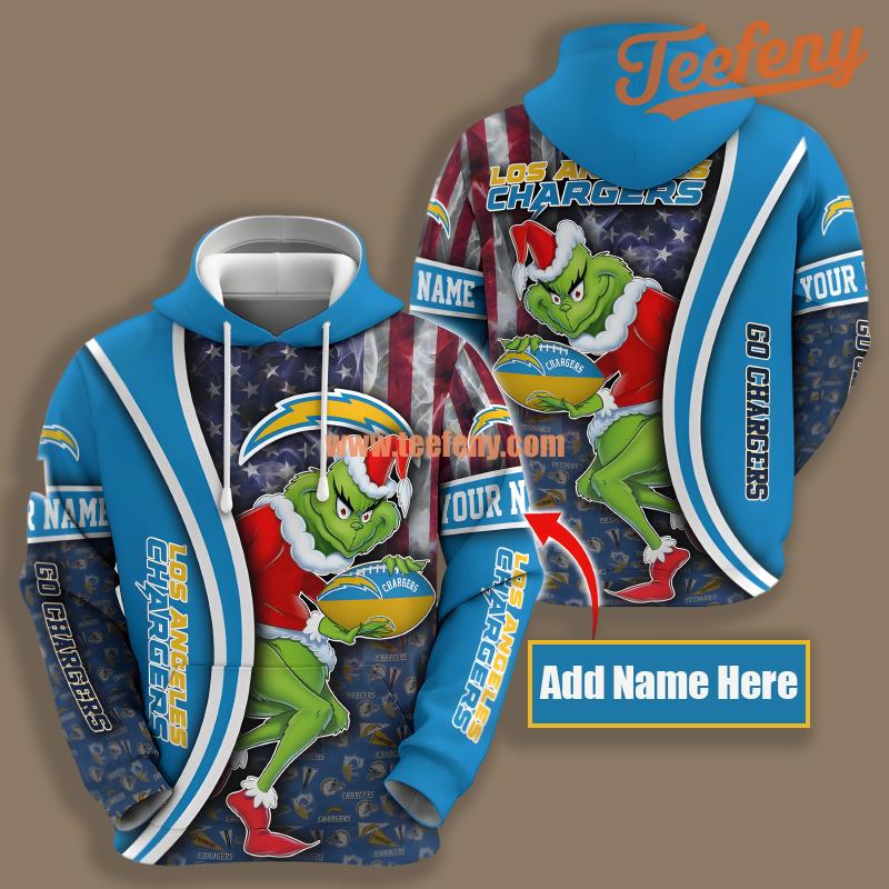 Los Angeles Chargers Santa Grinch Christmas Blue Personalized For Men 3D Hoodie