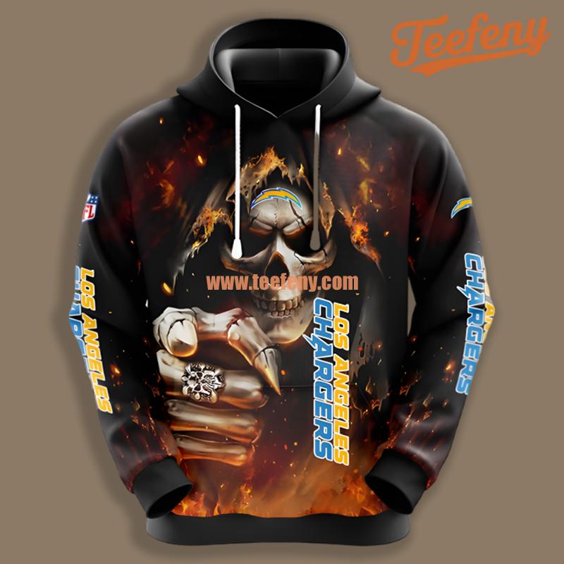 Los Angeles Chargers Skull Champion Black Puff Print 3D Hoodie