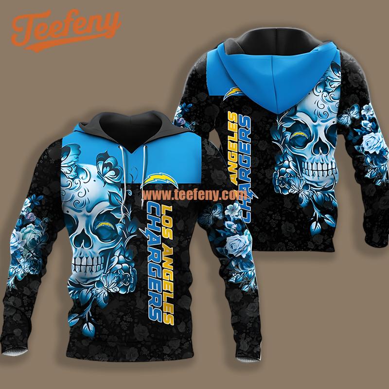 Los Angeles Chargers Skull Flower Black Blue Full Print 3D Hoodie
