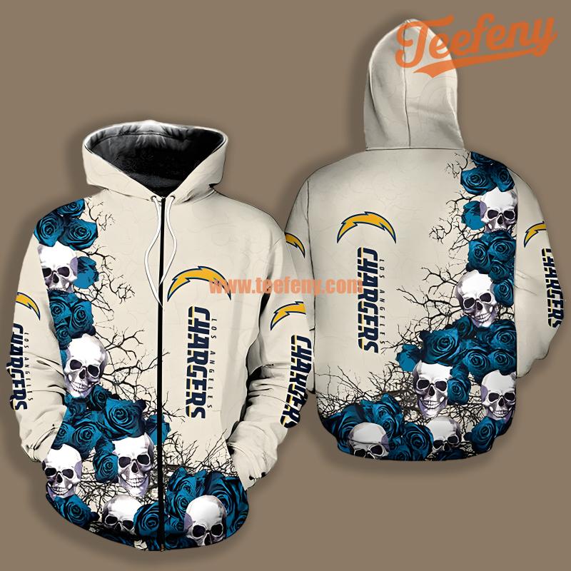Los Angeles Chargers Skull In Flower Garden White Blue Printed 3D Hoodie