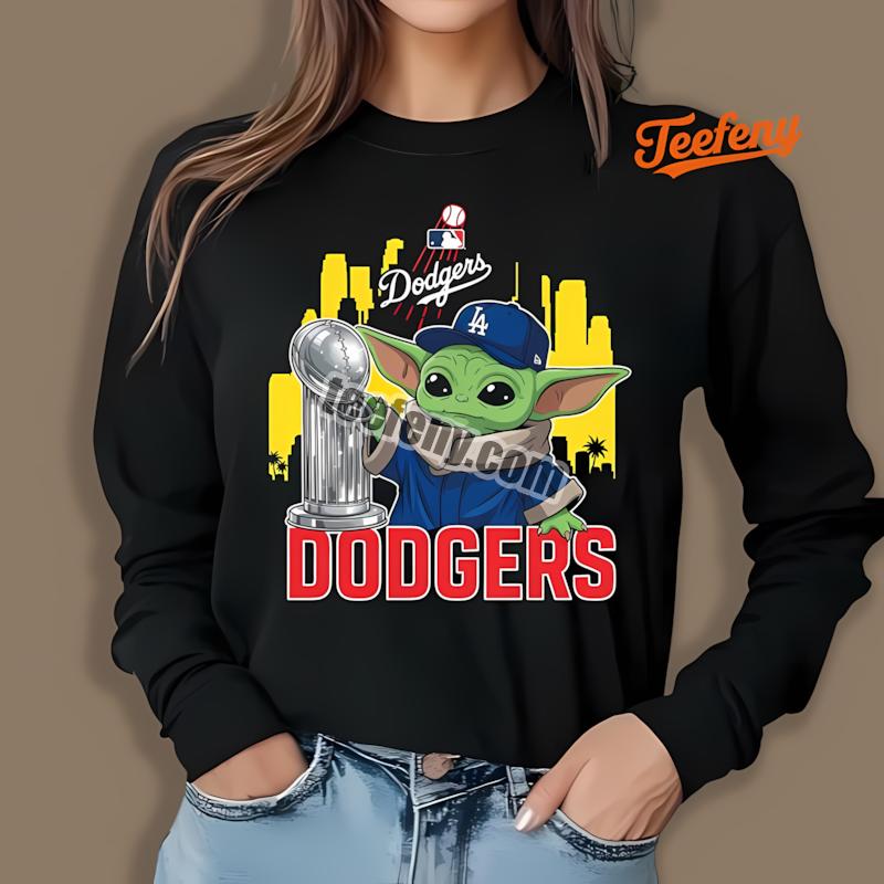 Los Angeles Dodgers Baby Yoda World Series Trophy Long Sleeve Los Angeles Dodgers Baby Yoda World Series Trophy Long Sleeve
