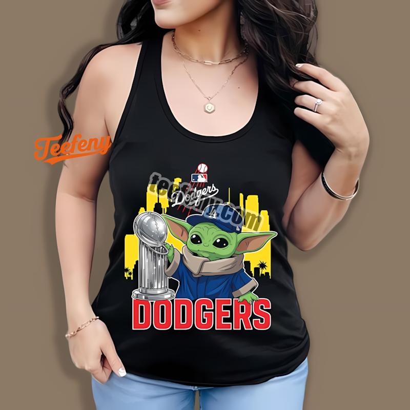 Los Angeles Dodgers Baby Yoda World Series Trophy Tanktop Los Angeles Dodgers Baby Yoda World Series Trophy Tanktop