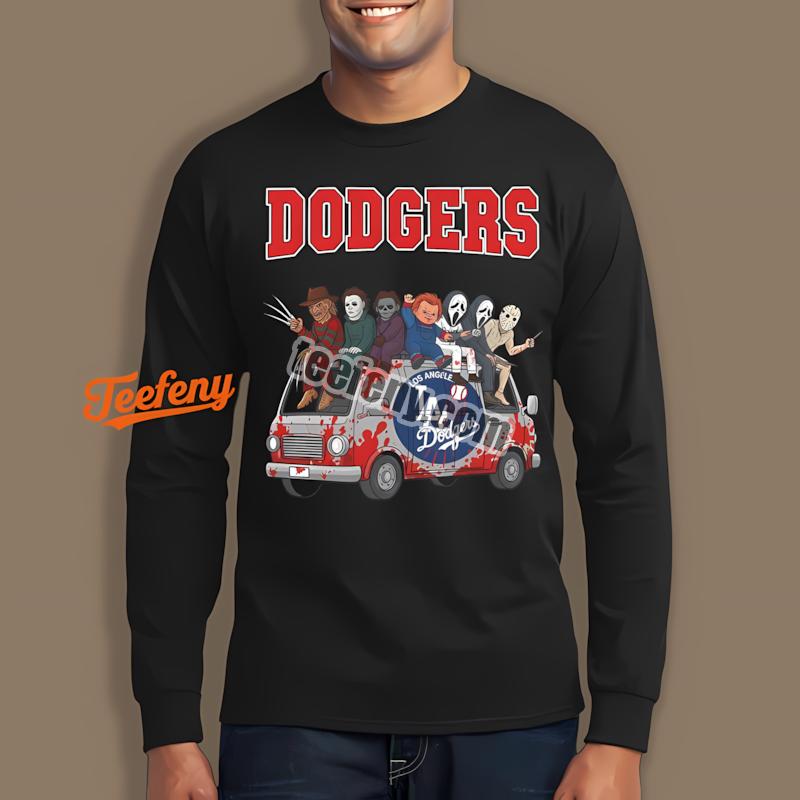 Los Angeles Dodgers Vs Horror Characters On Halloween Bus Long Sleeve Los Angeles Dodgers Vs Horror Characters On Halloween Bus Long Sleeve