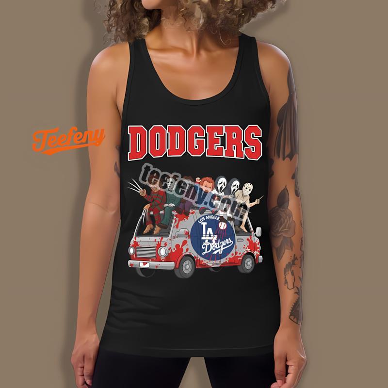 Los Angeles Dodgers Vs Horror Characters On Halloween Bus Tanktop Los Angeles Dodgers Vs Horror Characters On Halloween Bus Tanktop