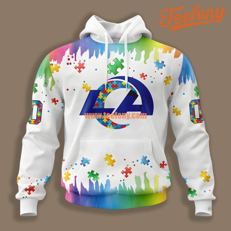 Los Angeles Rams Autism Awareness White Personalized 3D Hoodie