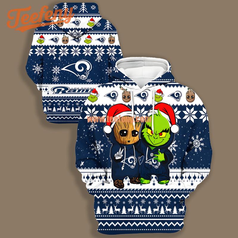Los Angeles Rams Baby Groot Grinch Blue White Realistic 3D Hoodie