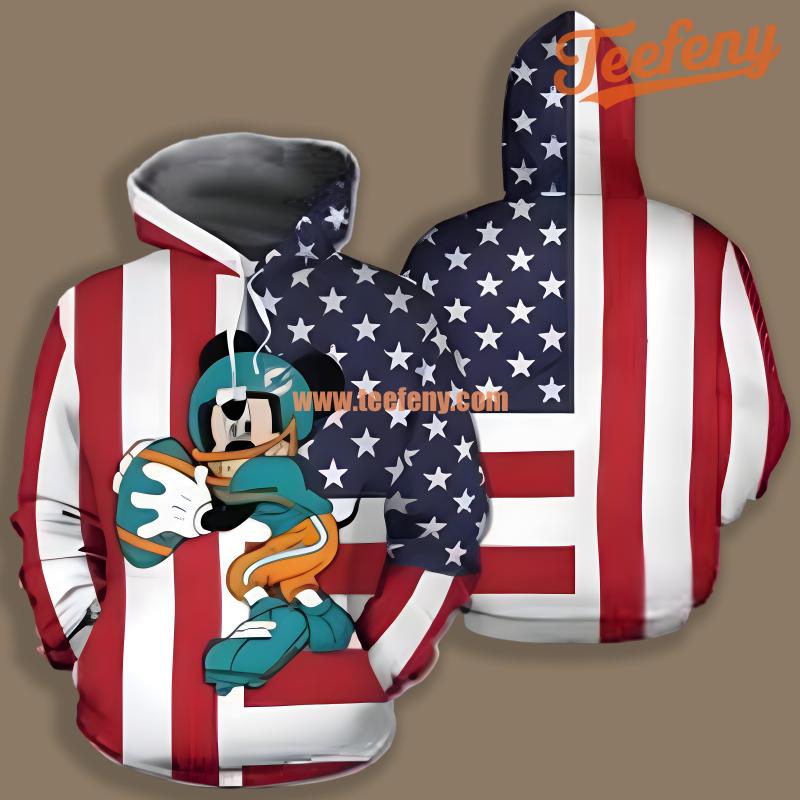 Miami Dolphins American Flag Mickey Mouse Red White Illusion 3D Hoodie