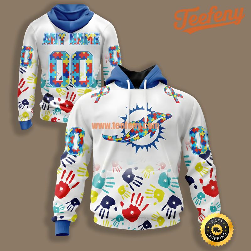 Miami Dolphins Autism Awareness White Blue Personalized 3D Hoodie