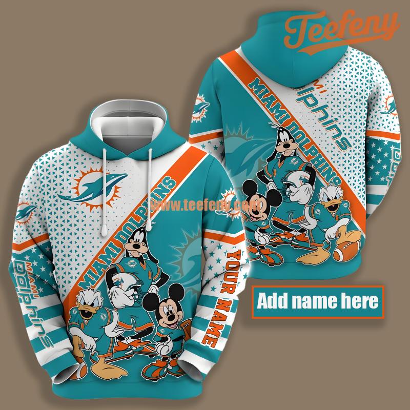 Miami Dolphins Donald Duck Goofy Mickey Blue 3D Hoodie