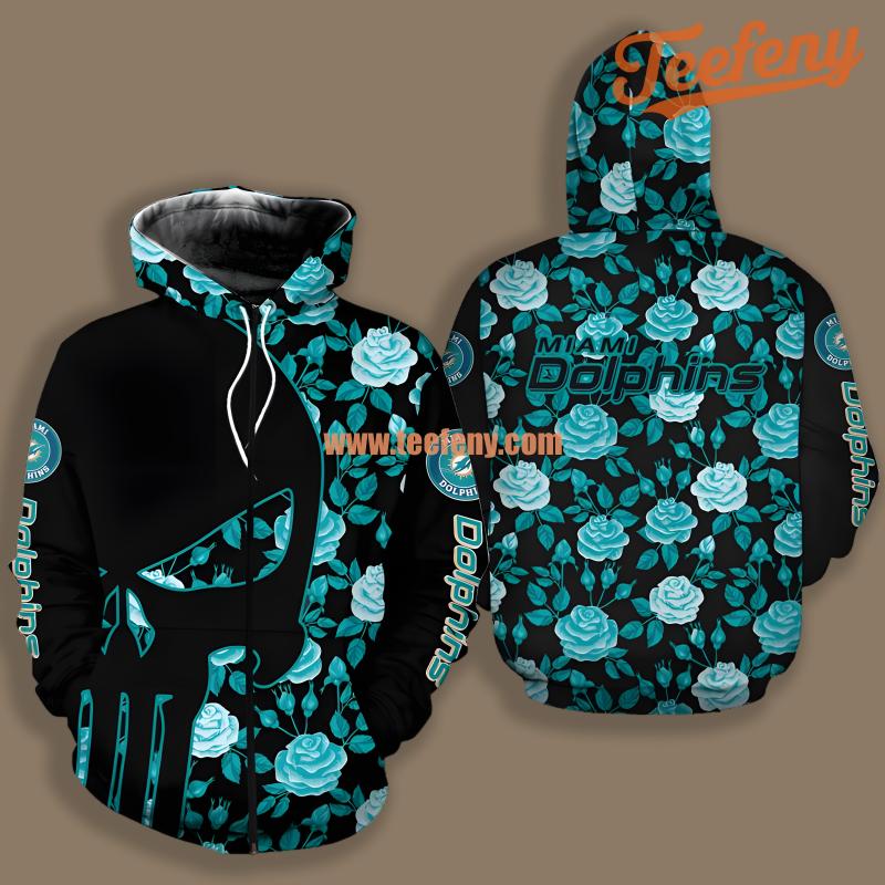 Miami Dolphins Floral Skull Black Blue Print 3D Hoodie